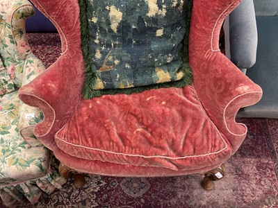Lot 1523 - 19th century, George I style wing armchair, velvet upholstery, loose cushion, on carved cabriole legs