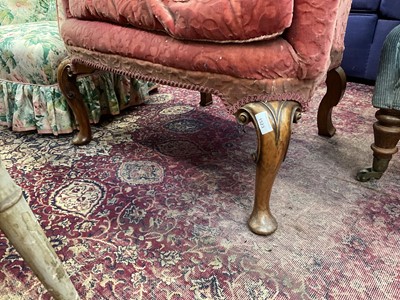 Lot 1523 - 19th century, George I style wing armchair, velvet upholstery, loose cushion, on carved cabriole legs