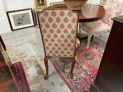 Lot 1524 - Queen Anne walnut high back side chair with show-wood frame, carved cabriole legs and pad feet, upholstered partially in cut velvet damask