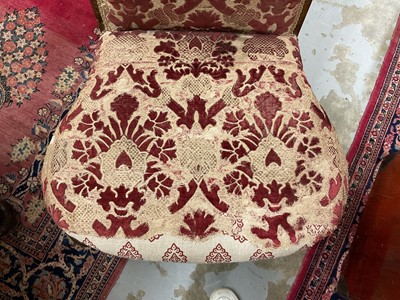 Lot 1524 - Queen Anne walnut high back side chair with show-wood frame, carved cabriole legs and pad feet, upholstered partially in cut velvet damask