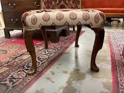 Lot 1524 - Queen Anne walnut high back side chair with show-wood frame, carved cabriole legs and pad feet, upholstered partially in cut velvet damask