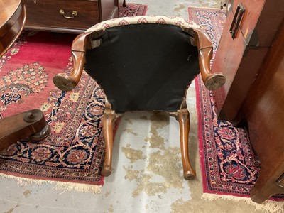 Lot 1524 - Queen Anne walnut high back side chair with show-wood frame, carved cabriole legs and pad feet, upholstered partially in cut velvet damask