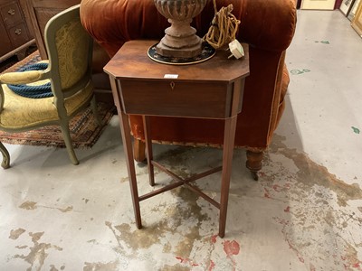 Lot 1527 - Regency mahogany sewing table, the octagonal top rising to reveal...on square taper legs joined by X-formed stretcher