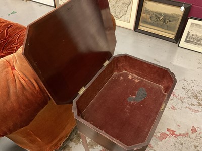 Lot 1527 - Regency mahogany sewing table, the octagonal top rising to reveal...on square taper legs joined by X-formed stretcher