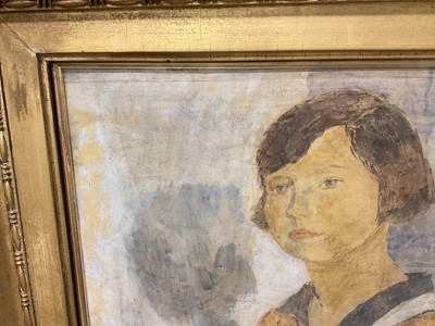 Lot 1538 - Chantal Quenneville, first half 20th century, oil on canvas - portrait of a seated girl, Poppet John, daughter of Augustus John, in gilt framed oval foot