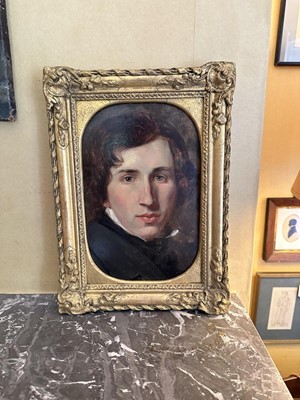 Lot 1544 - Circle of George Richmond, (1809-1896) mid 19th century, oil on board - Portrait of Basil G. Holmes, in gilt frame