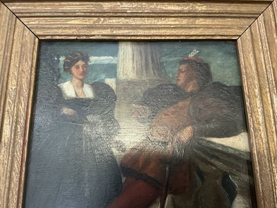 Lot 1545 - Valentine Cameron Prinsep (1838-1904) oil sketch - Renaissance Figures, Benedict and Beatrice, Much Ado about Nothing, in gilt frame. A sketch for Royal Academy picture of 1864, No. 560