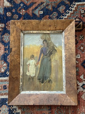 Lot 1546 - Attributed to Dudley Hardy, English School, early 20th century, oil on board - Harvesting Mother and Child, in maple veneered frame Provenance: Milne & Moller, London, 3rd June 1985