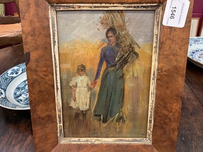 Lot 1546 - Attributed to Dudley Hardy, English School, early 20th century, oil on board - Harvesting Mother and Child, in maple veneered frame Provenance: Milne & Moller, London, 3rd June 1985