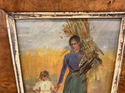 Lot 1546 - Attributed to Dudley Hardy, English School, early 20th century, oil on board - Harvesting Mother and Child, in maple veneered frame Provenance: Milne & Moller, London, 3rd June 1985