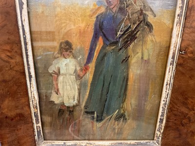 Lot 1546 - Attributed to Dudley Hardy, English School, early 20th century, oil on board - Harvesting Mother and Child, in maple veneered frame Provenance: Milne & Moller, London, 3rd June 1985