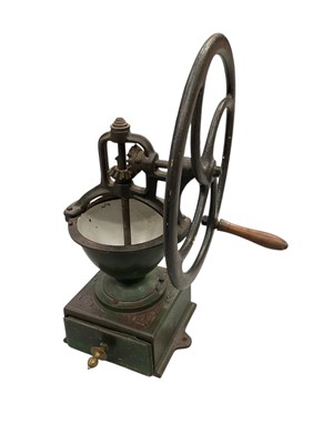 Lot 1640 - Antique cast iron coffee grinder with green paint finish, 51cm high overall