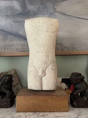 Lot 1621 - Thomas Bayliss Huxley-Jones (1908-1969) carved stone sculpture after the Greek Antique, Kouros, on wooden plinth Provenance: The Simon Cater Gallery, Woodbridge, 15th February 1992