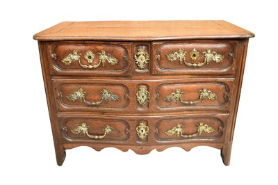 Lot 1322 - Early 18th century French oak serpentine chest of two short and two long drawers, with applied gilt brass mounts depicting figures and foliage