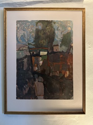 Lot 1052 - *Philip Jones (1933-2008) gouache on paper - Figure in Landscape, signed and dated 1981, inscribed, in glazed gilt frame Provenance: Vanessa Devereux Gallery Ltd., 3rd April 1990
