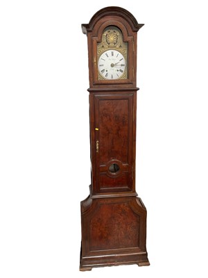 Lot 5396 - 19th century Continental burr wood longcase clock, possibly Maltese, with pierced brass and enamel dial, signed Roch Imbert, a la Valette, with twin train movement, 243cm high
