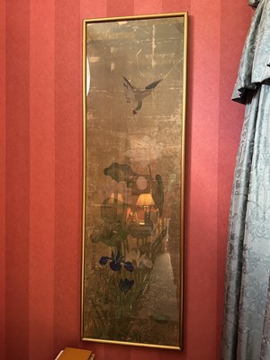 Lot 1762 - Pair of antique Chinese School watercolours on silk panels depicting birds among lotus flowers and irises, in glazed gilt frames