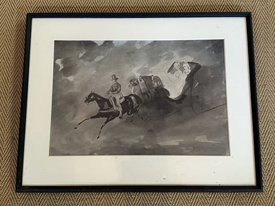 Lot 1055 - English School, in the manner of one of the Zinkeisen sisters, early 20th century, pair of monochrome watercolour sketches, Horse and Carriage, 30cm x 44cm, in glazed frames