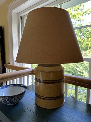 Lot 1792 - Group of four antique toleware table lamps, yellow with brown bands, each with shades, 28cm, 33cm and 38cm high