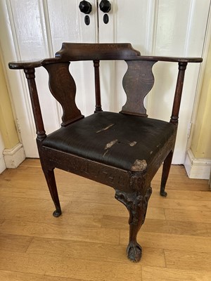Lot 1325 - Mid-18th century oak corner chair, carved naming to John Wood and dated 1748, on cabriole front leg with carved claw and ball foot, 83cm high