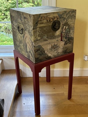 Lot 1812 - Antique Chinese painted chest decorated with figures and landscapes, 51cm square x 46cm high, on later red painted stand, 113cm high overall
