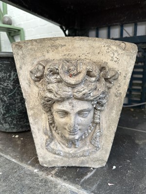 Lot 1858 - Early 19th century Coade stone keystone with female mask in relief, 37cm high