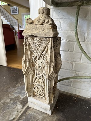 Lot 1862 - Antique carved stone architectural fragment decorated with barley ears, on Portland stone square plinths, 66cm high overall