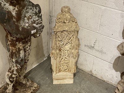 Lot 1862 - Antique carved stone architectural fragment decorated with barley ears, on Portland stone square plinths, 66cm high overall