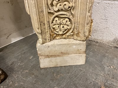 Lot 1862 - Antique carved stone architectural fragment decorated with barley ears, on Portland stone square plinths, 66cm high overall