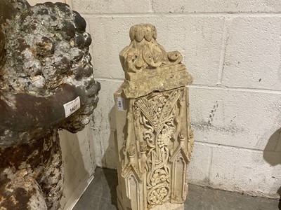 Lot 1862 - Antique carved stone architectural fragment decorated with barley ears, on Portland stone square plinths, 66cm high overall