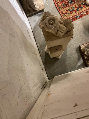 Lot 1862 - Antique carved stone architectural fragment decorated with barley ears, on Portland stone square plinths, 66cm high overall