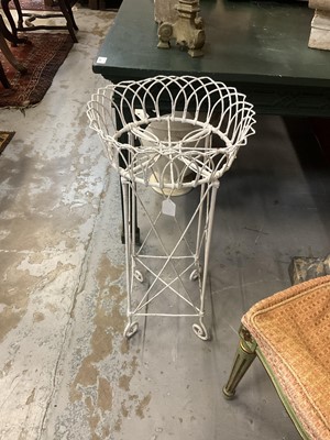 Lot 1871 - Pair of antique wire work plant stands with circular tops, on X-formed supports and scroll feet, 73cm high