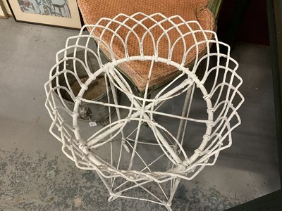Lot 1871 - Pair of antique wire work plant stands with circular tops, on X-formed supports and scroll feet, 73cm high