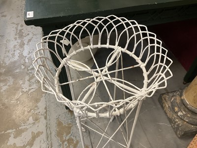 Lot 1871 - Pair of antique wire work plant stands with circular tops, on X-formed supports and scroll feet, 73cm high