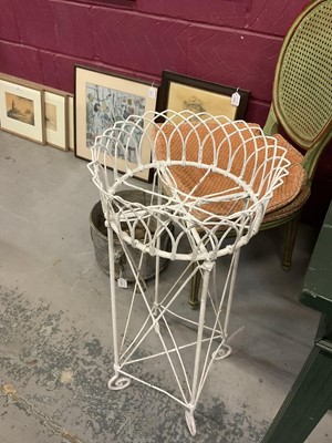Lot 1871 - Pair of antique wire work plant stands with circular tops, on X-formed supports and scroll feet, 73cm high