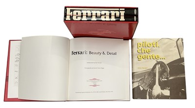 Lot 4 - Ferrari interest books- Ferrari Motobooks two volume set- catalogue raisonne 1946 - 1981 in cardboard slip case, Ferrari: Beauty & Detail no. 437 of 2,500 copies and Enzo Ferrari pilote, che...
