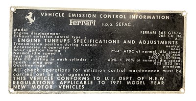 Lot 6 - Original Ferrari 365 GTB Vehicle Emission Control Information plate, 19.5 x 9.5cm
