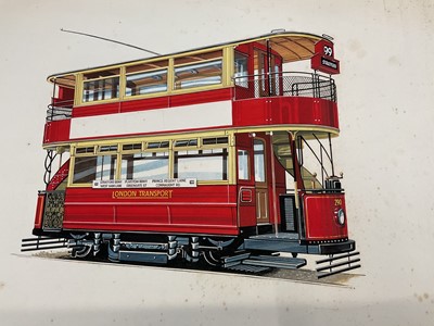 Lot 23 - Early 20th century watercolour and gouache study of a London Transport Tramways 290, 99 Stratford tram, mounted on card, 57 x 46.5cm overall.
