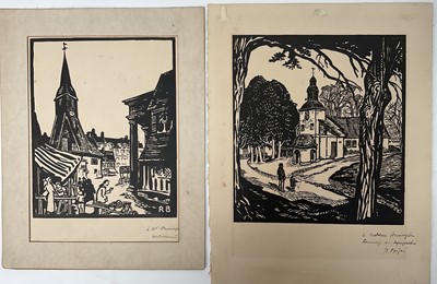 Lot 371 - Raymond Bigot (1872-1953) two woodcut prints, La Chapelle Notre-Dame-des-Grace and La Place Sainte-Catherine Honfleur, both signed with dedications to Canadian artist Caroline Armington, 23cm x...