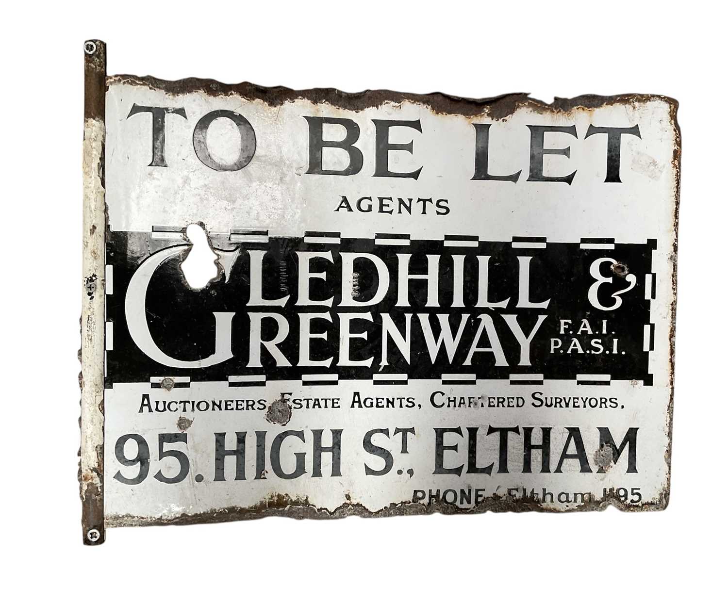 Lot 59 - Vintage enamel double sided Estate Agents sign 'To Be Let Glendhill & Greenway", 54.5 x 39.5cm