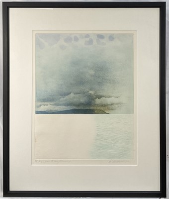 Lot 39 - Donald Wilkinson (b. 1937) etching with aquatint, Eigg from the Sea, Evening, signed and numbered 80/90, 48cm x 38cm, glazed frame