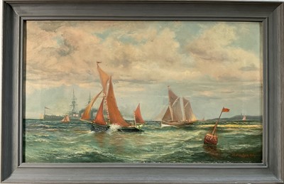 Lot 357 - J. Callingham (act. 1873-1879) oil on canvas - A seascape with sailing barges racing by a buoy, a warship beyond, signed and dated 1917, 30cm x 51cm, framed