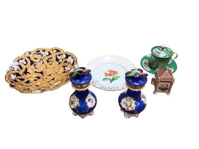 Lot 5012 - A Meissen floral moulded dish, together with a Meissen plate with pierced edge, a 'Sevres Chateau' chocolate cup and saucer, a pair of large Paris porcelain scent bottles and covers, and a Dresd...