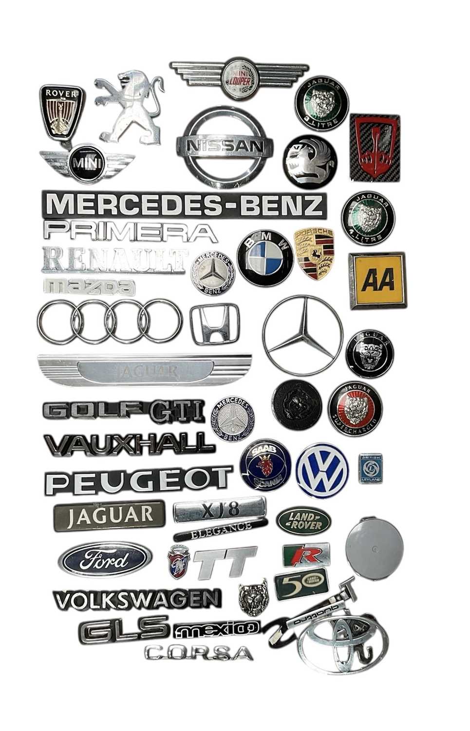 Lot 77 - Group of modern car badges for various manufacturers to include Jaguar, Porsche and BMW, (1 box).