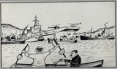 Lot 175 - 20th century black ink cartoon with two men and naval vessels, 19cm x 33cm, glazed frame