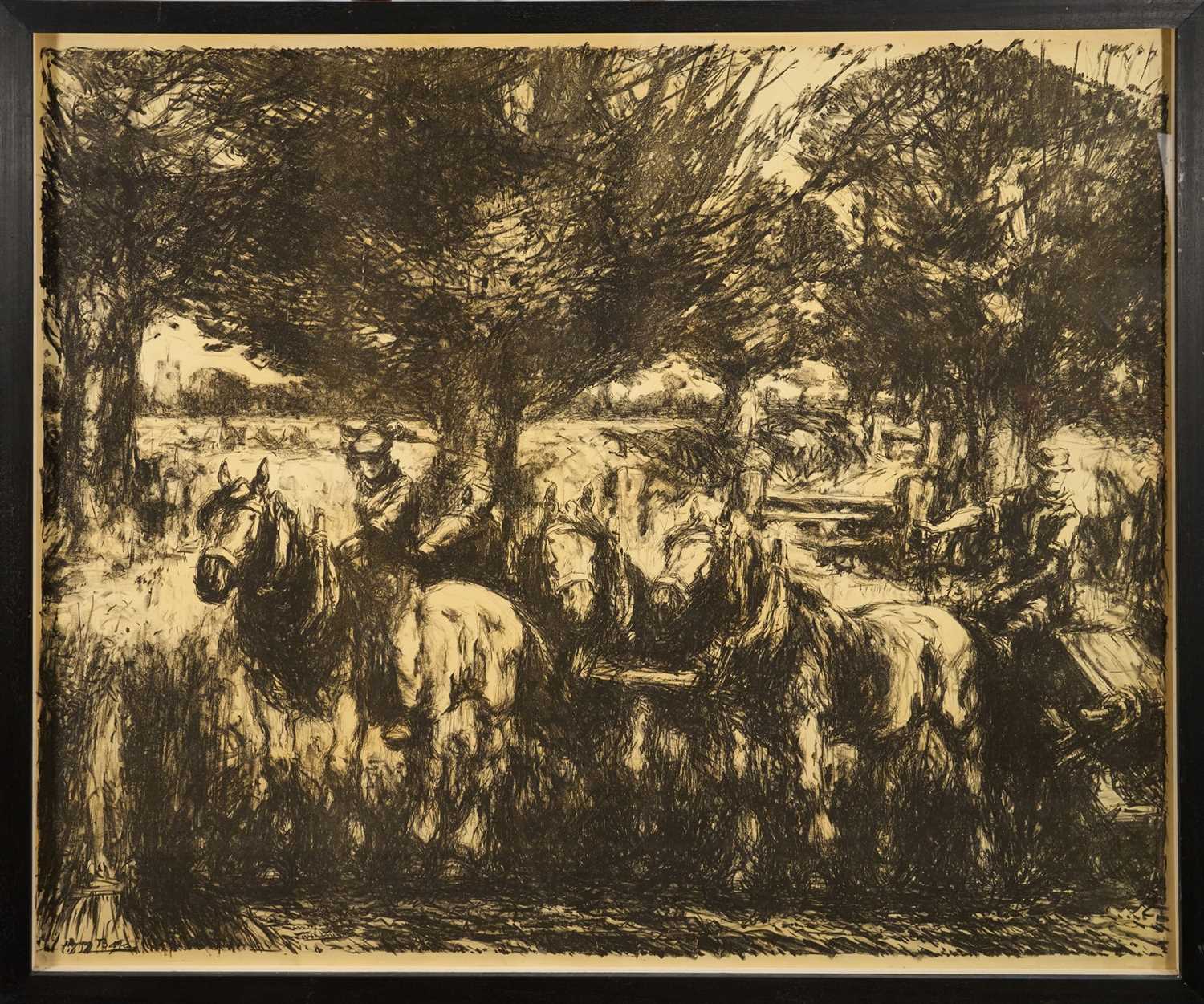 Lot 1099 - Harry Becker (1865-1928) lithograph, The Binder Team, framed