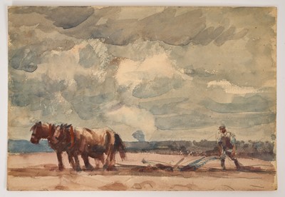 Lot 1088 - Harry Becker (1865-1928) watercolour, Plough Team