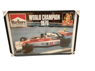 Lot 118 - Group of 1970's Formula 1 and other motorsport posters to include James Hunt 1976 World Champion poster with facsimile signature in frame