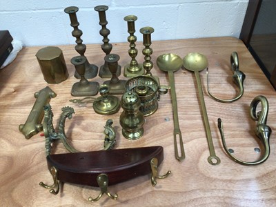 Lot 5056 - Collection of brassware to include three sets of candlesticks and others