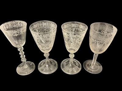 Lot 272 - Two pairs of good quality etched glass wines, (one a/f), together with another antique glass in the Georgian style (5)